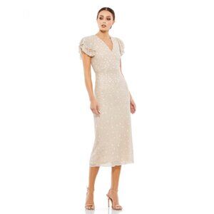 Mac Duggal Embellished Ruffle Cap Sleeve V-neck Midi Dress in Oyster Size 4